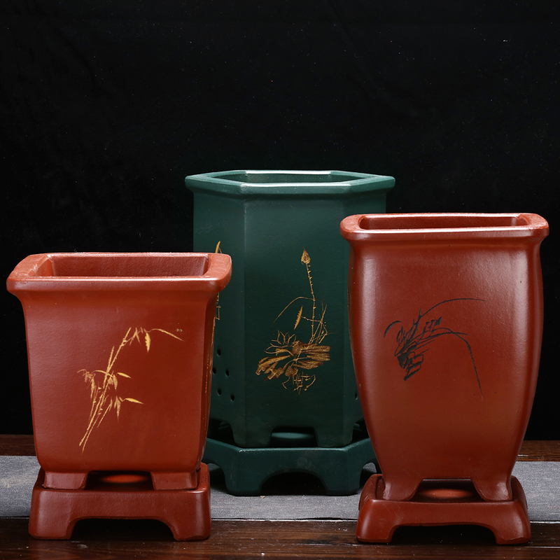 紫砂兰花盆专用精品四方六角老桩桌面绿植发财树盆景盆包邮带底座