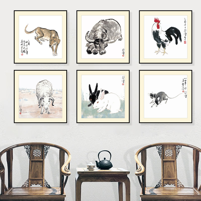 新中式风格装饰画十二生肖动物挂画书房餐厅卧室酒店民宿墙面壁画图片