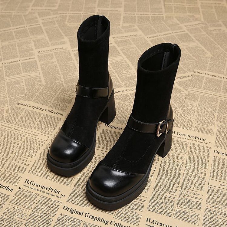 复古超火炸街小短靴2026新款秋冬加绒马丁靴小个子高跟弹力瘦瘦靴