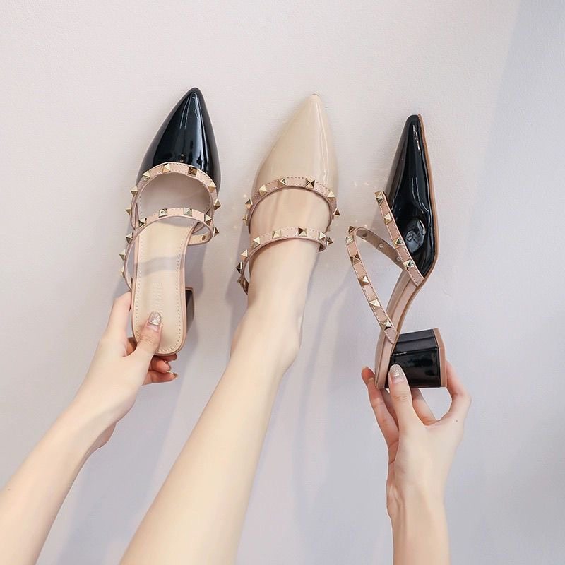 包头半拖鞋外穿2025春夏季新款仙女中粗跟尖头凉拖铆钉高跟鞋单鞋,女鞋,包头拖,淘宝优惠券,粉丝福利购,淘宝优惠卷