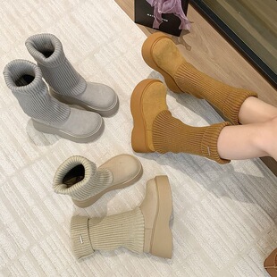 2026新款韩版针织袜靴女冬季厚底中筒保暖时装靴百搭休闲长筒靴子