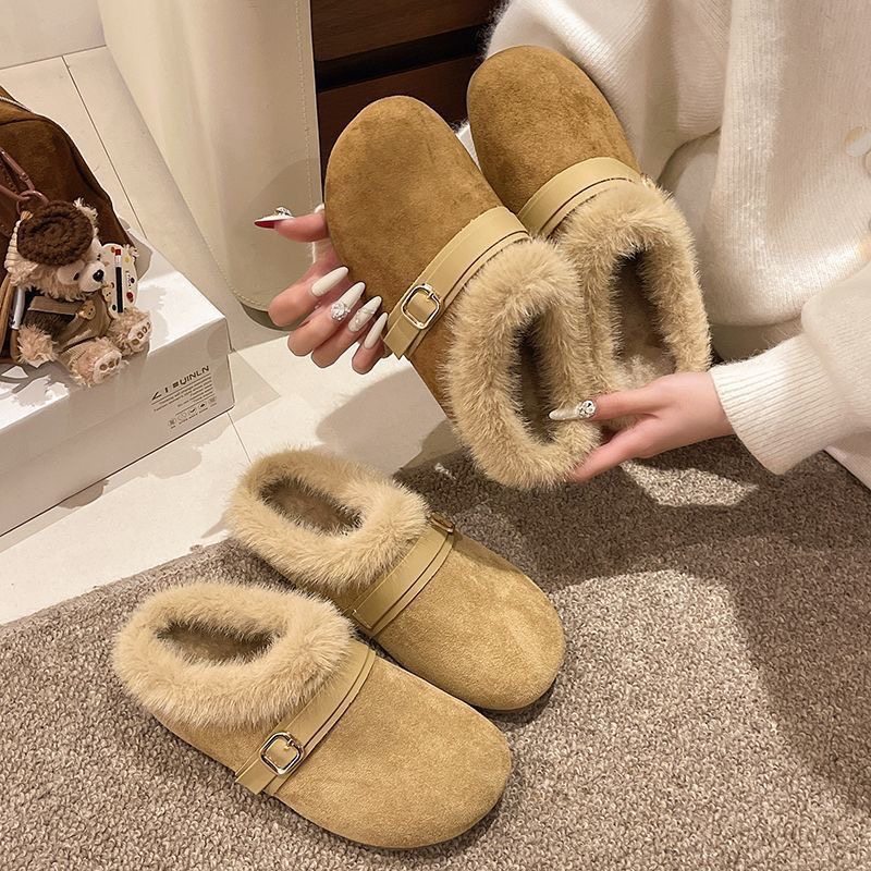 勃肯毛毛拖鞋女外穿韩版2026新款秋冬季一脚蹬加绒保暖包头半拖鞋