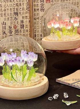 仿真郁金香花海小夜灯手工diy创意少女书房玄关卧室客厅桌面摆件