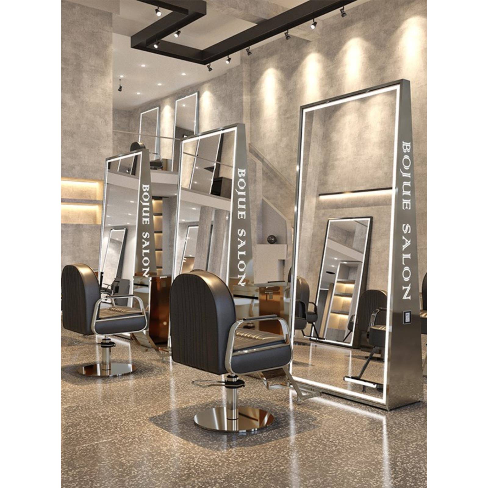 网红理发店镜台单双面落地镜美发店镜子带灯不锈钢剪发镜发廊专用