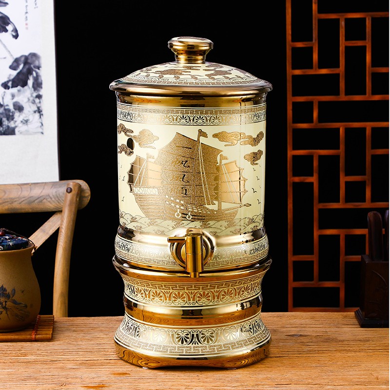 陶瓷水缸带龙头家用蓄水缸酒罐油罐纯净水桶储水罐养生缸8L镀金