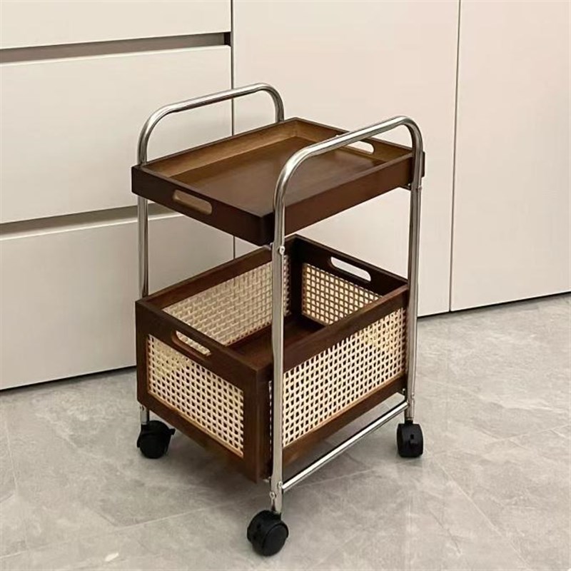 中古实木边几可移动小推车沙发边柜置物柜客厅茶水架高级藤编侘寂