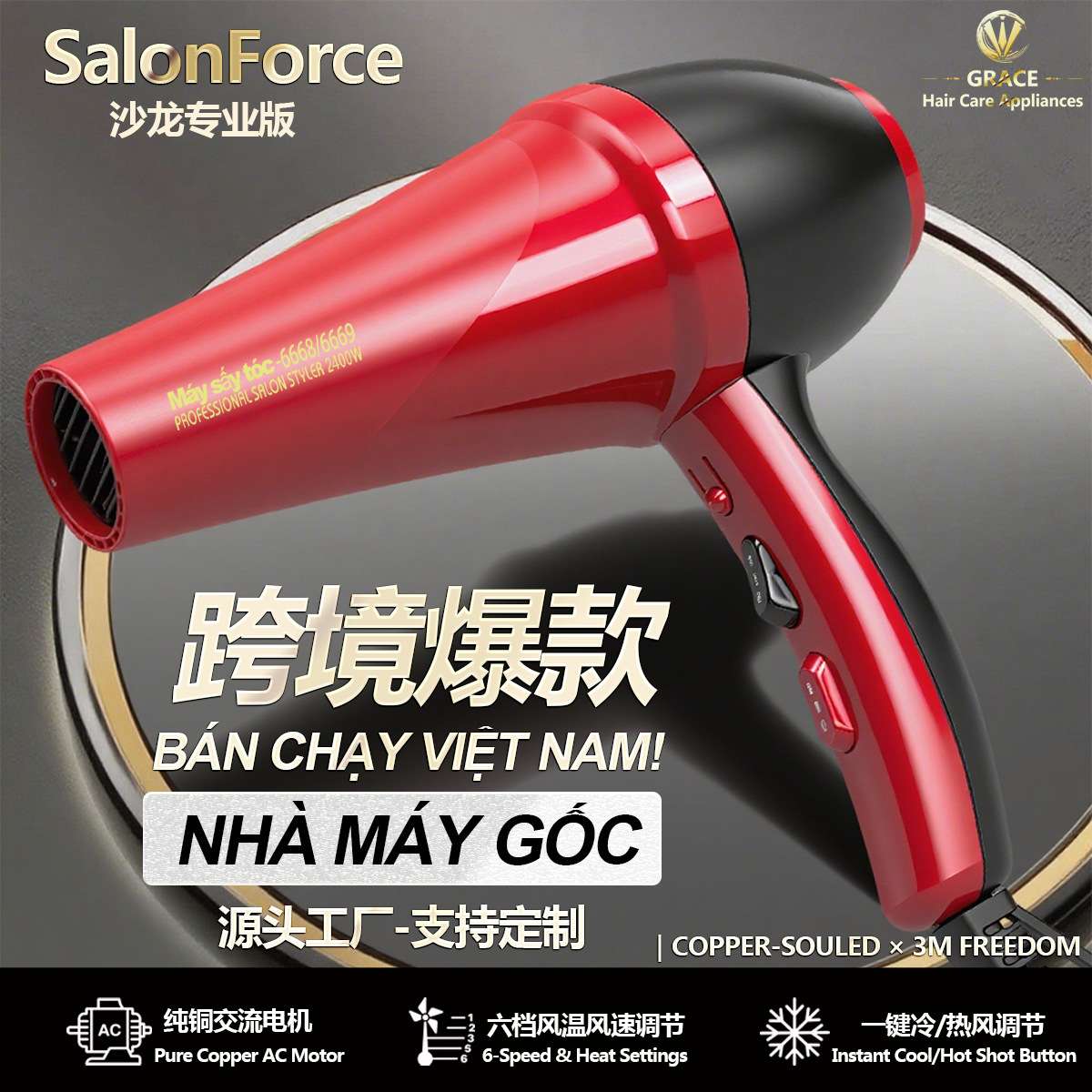 越南专业大功率发廊电吹风机护发负离子Vi?t nam静音不伤发跨境