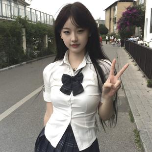 秋 夏季 原创jk制服收腰白色衬衫 女短袖 辣妹学院风衬衣狗短格裙套装