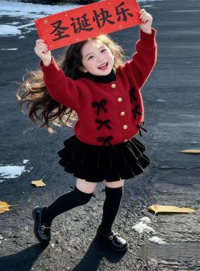 韩版女童2025秋冬新年红色蝴蝶结毛衣开衫小女孩黑色丝绒蛋糕半裙