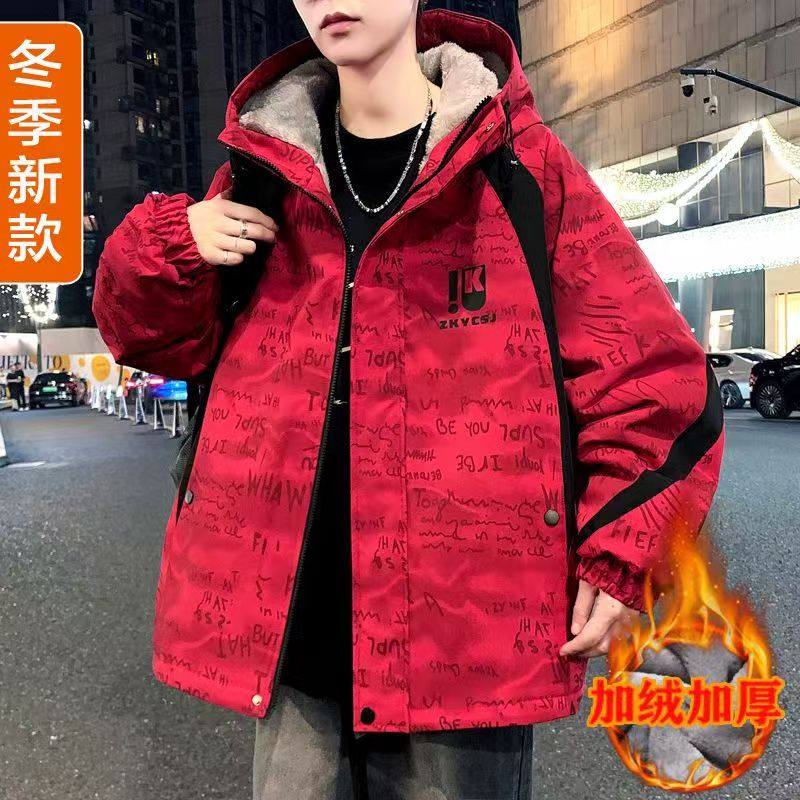 2025冬季外套男学生加绒保暖棉袄本命年大红色潮牌时尚加棉衣服
