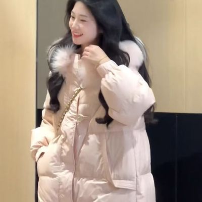 韩系粉色大毛领羽绒棉服外套女冬季加厚保暖中长款显瘦过膝棉衣