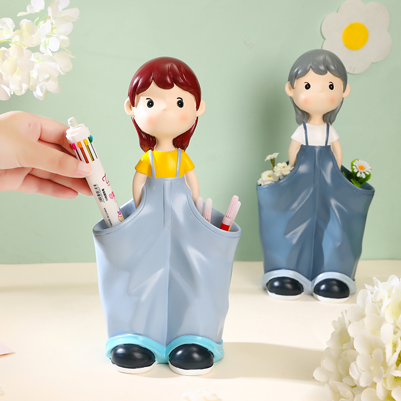 创意女孩笔筒插花桌面收纳摆件学生书房办公室装饰品家居送人礼物