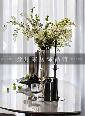 轻奢样板间客厅餐厅餐桌摆设金属花器烛台镜面托盘组合装饰品摆件