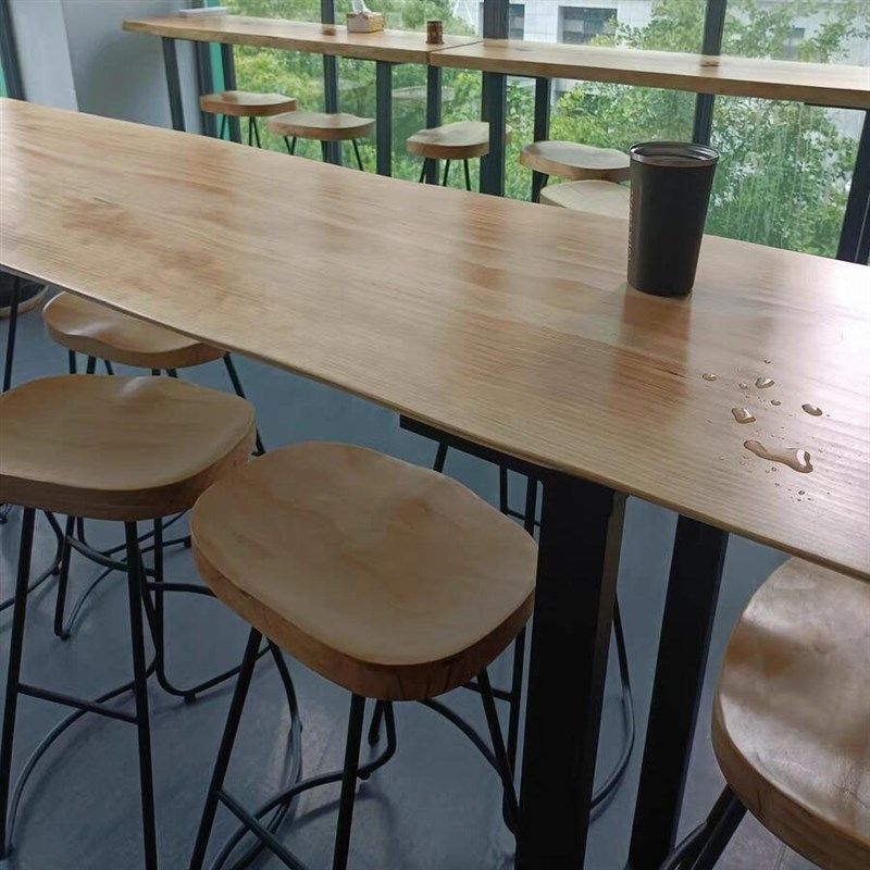 实木吧台高脚桌椅酒吧长条靠墙桌椅组合奶茶饮料店咖啡厅桌子简约