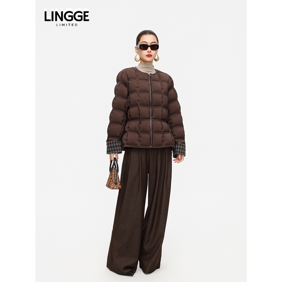 LINGGE ATELIER • 墨峦 方棋格纹袖口短款褶皱泡芙鹅绒羽绒服女