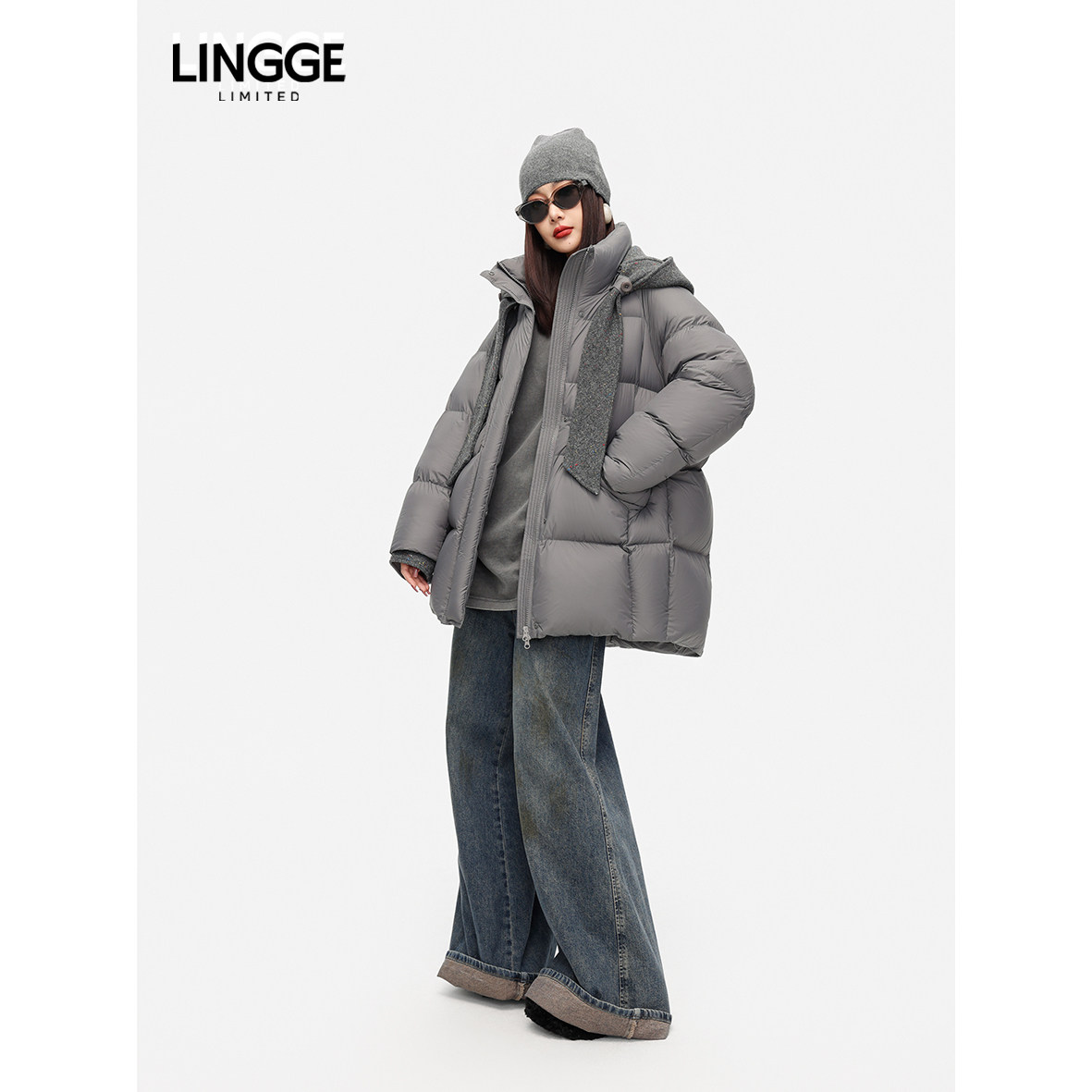 LINGGE ATELIER • 绒意 可拆卸呢料帽中长款白鸭绒羽绒服女