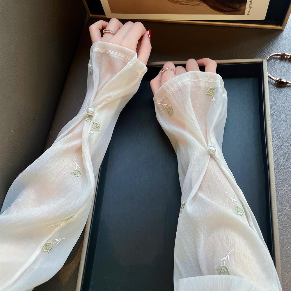手工刺绣夏季新款防晒冰袖女宽松抗UV驱蚊袖套珍珠喇叭袖护臂