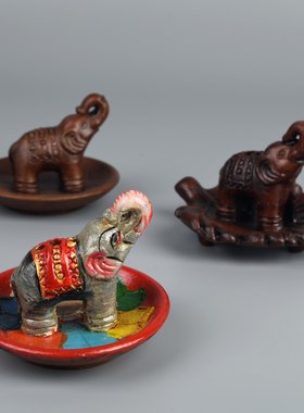 手工陶制彩绘大象立体香插香盘