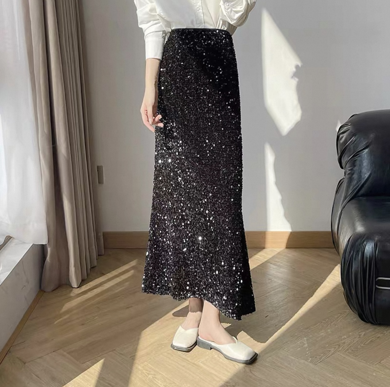 黑色亮片半身裙高腰包臀鱼尾裙