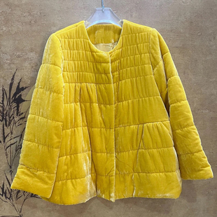 深圳南油真丝丝绒黄色棉服女冬2025新款 宽松休闲桑蚕丝夹棉衣外套