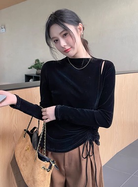 深圳南油丝绒长袖上衣女秋冬正肩t恤短袖设计感半高领内搭打底衫