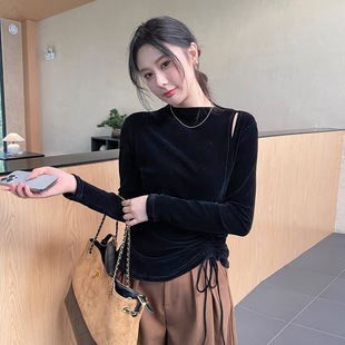 深圳南油丝绒长袖上衣女秋冬正肩t恤短袖设计感半高领内搭打底衫