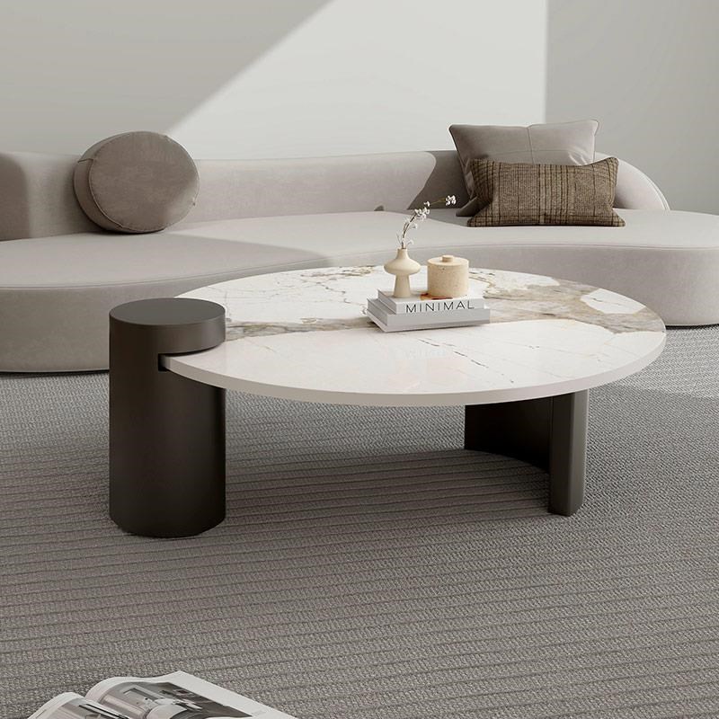 奶油风圆形茶几h轻奢现代小户型客厅家用茶桌岩板圆桌组合玻璃边