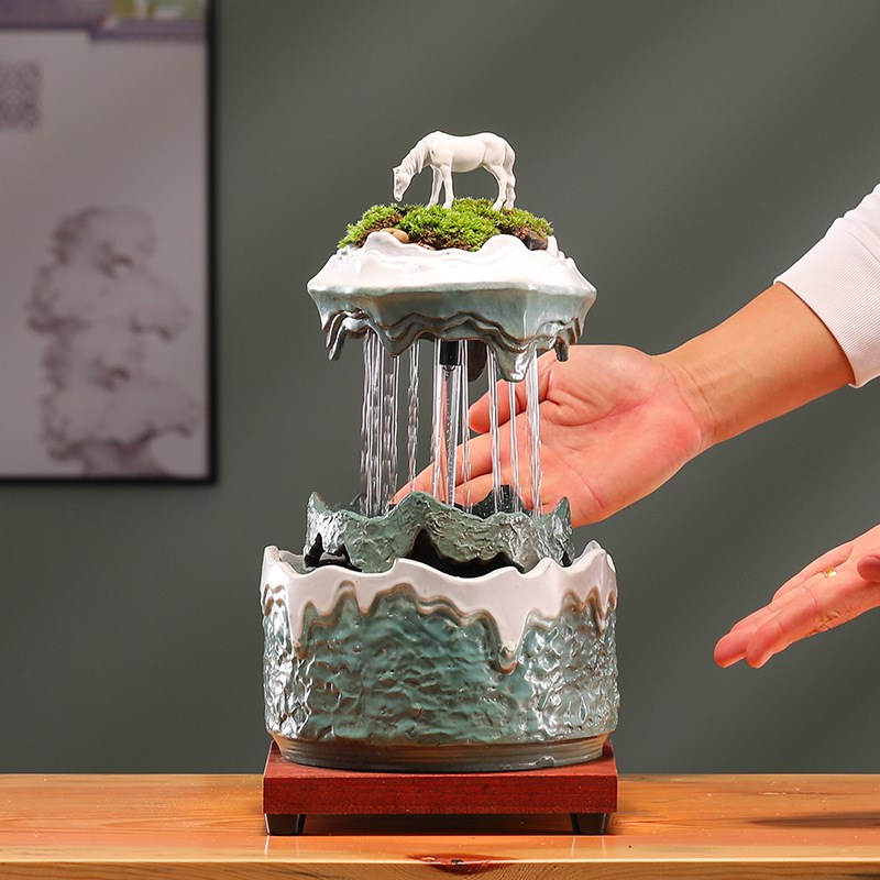 创意中式循e环陶瓷流水器喷t泉招财客厅办公室桌面家居摆件开业礼