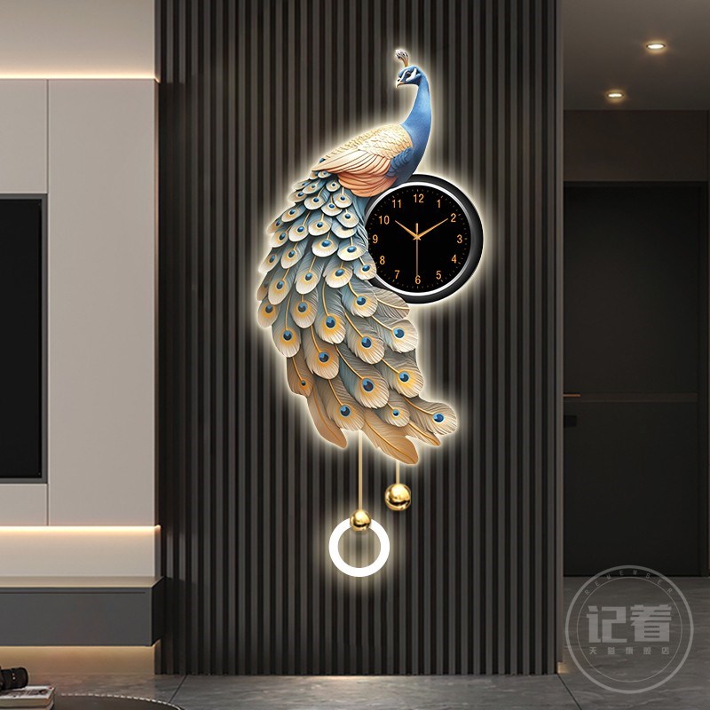 孔雀钟表挂钟客厅玄关电视格栅2025新J款创意高级感时钟壁灯表挂