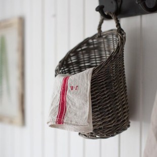 插花篮 壁挂式 杂物分类收纳筐 乡村复古灰色做旧柳编 NfT法式