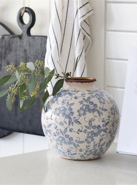法式复古陶瓷花瓶青花瓷水养鲜花插花客厅桌面装饰摆件高级圆形蓝