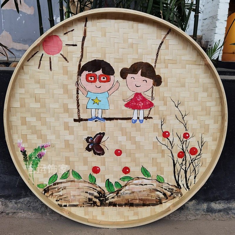 手绘竹编簸箕画楼道墙饰家居幼儿园墙面装饰品壁挂饰十二生肖竹盘,家居饰品,工艺画,淘宝优惠券,粉丝福利购,淘宝优惠卷