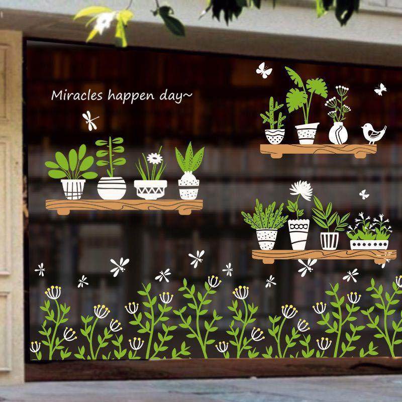 店铺橱窗小清新墙贴玻璃门贴欢迎光临个性创意装饰招财猫花草栅栏