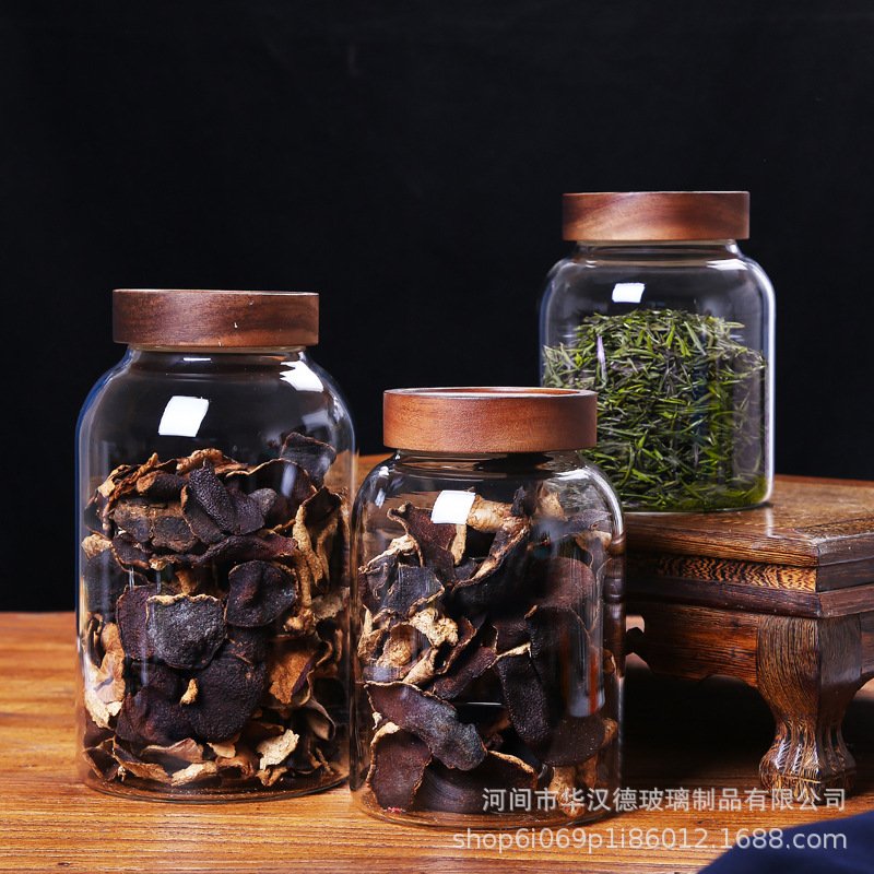 大容量螺旋口高硼硅玻璃密封罐食品级相思木盖透明玻璃陈皮储存罐