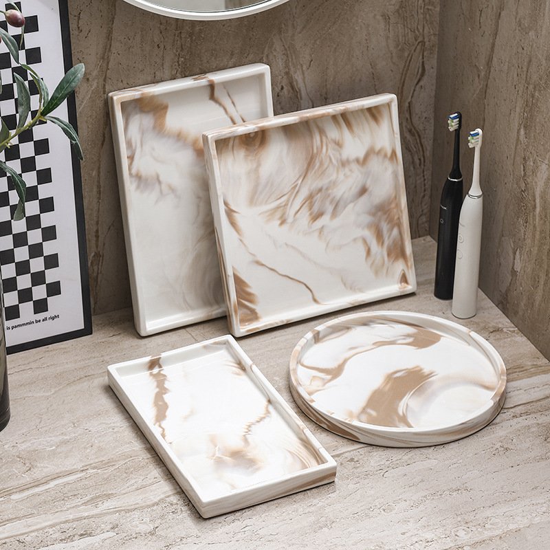 棕色大理石纹陶瓷托盘浴室置物架酒店洗漱台收纳架化妆台面托盘