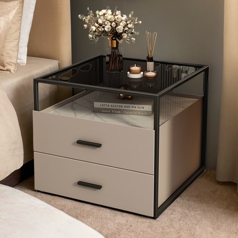 现代简约方形极简床头柜铁艺钢化玻F璃茶几皮质免安装客厅沙发边