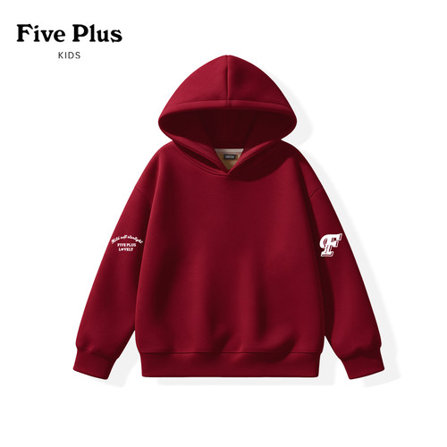 Five Plus女童连帽红色卫衣冬季2026新款小女孩上衣儿童加绒衣服