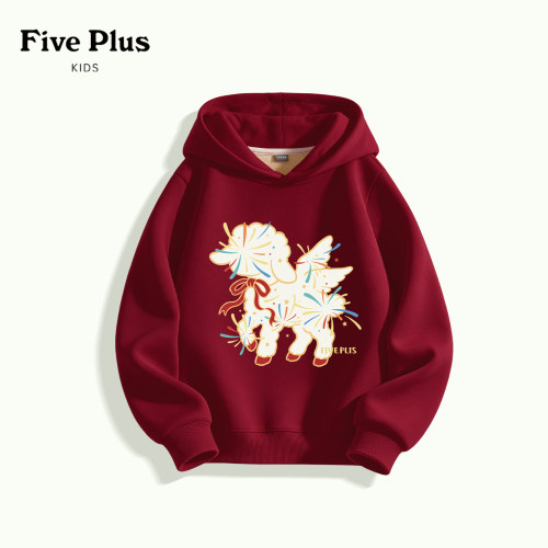 Five Plus女童红色卫衣冬季2027新款新年中大童上衣儿童加绒衣服