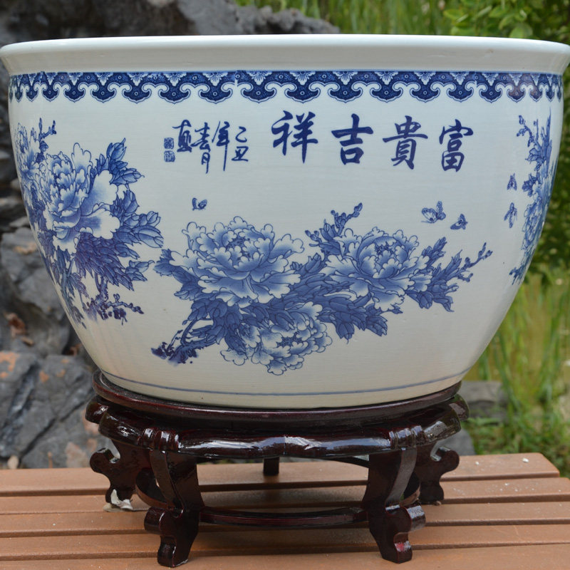 包邮景德镇陶瓷鱼缸特大号青花牡丹水缸荷花碗莲盆乌龟缸书画缸