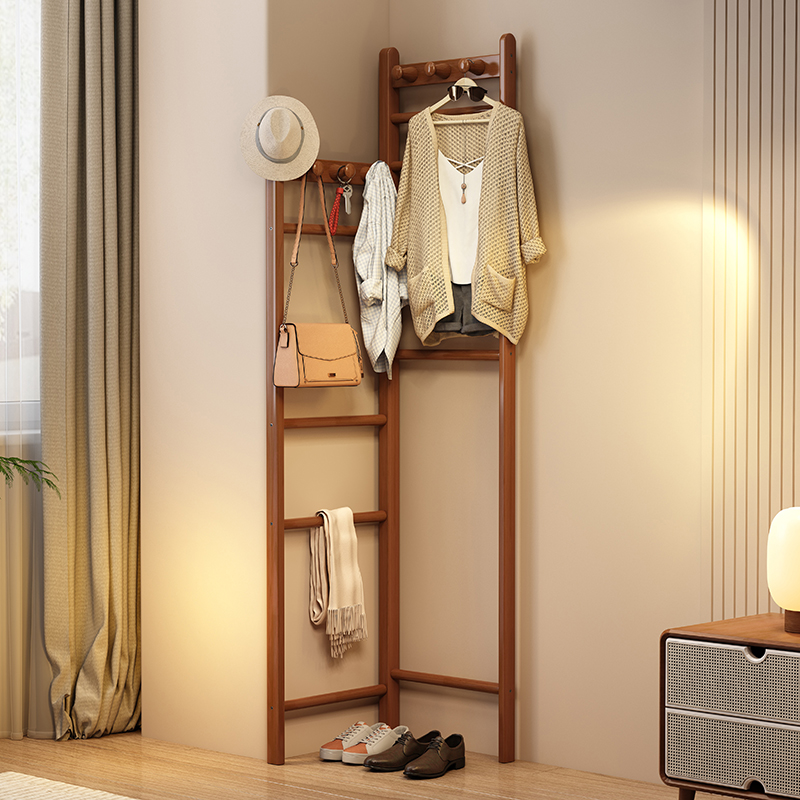 实木转角挂衣架落地卧室衣帽架拐角衣服收纳层架子角落省空间挂包