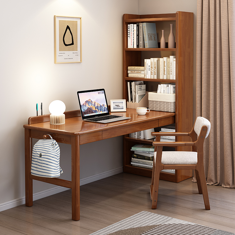 实木转角书桌书架一体拐角电脑桌书房办公桌家用卧室学生书桌子