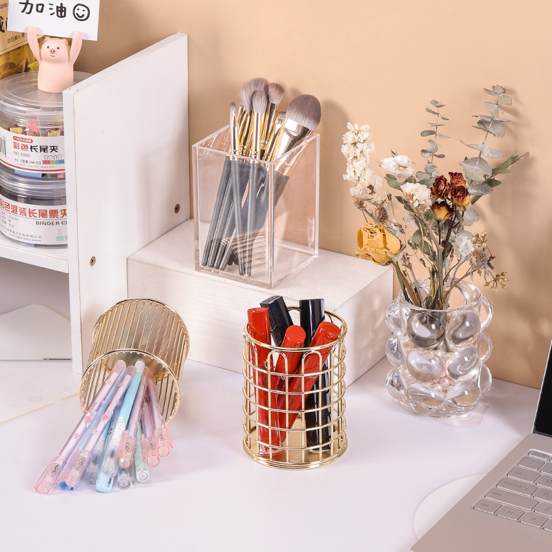 儿童女孩笔筒桌面几何简约创意玻璃办公文具用品通用梳妆台收纳盒