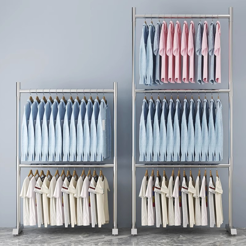 不锈钢双层落地晾衣架卧室衣帽间挂衣杆大容量男女裤架仓库挂衣架