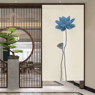 简约禅意荷花门帘家用卧室书房玄关隔断帘厕所免打孔长款 中式 布帘