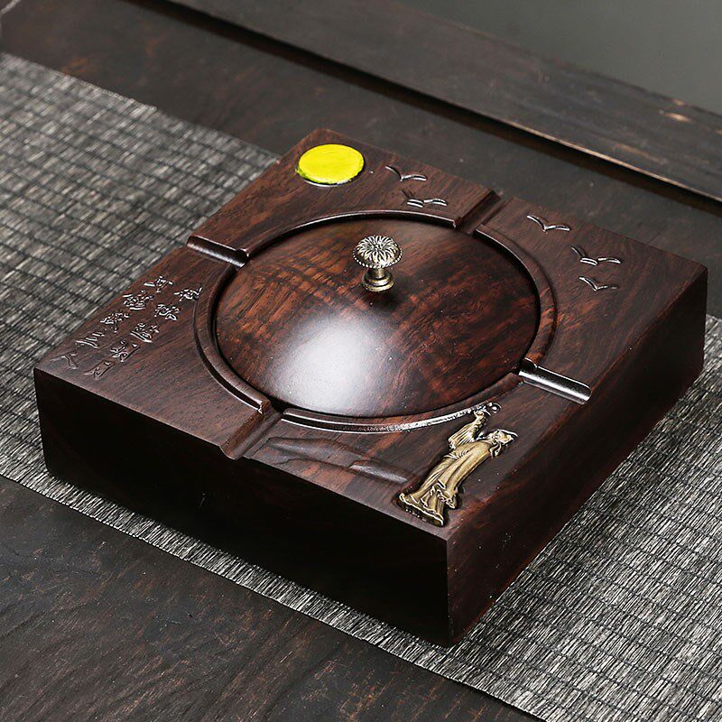 黑檀木烟灰缸实木带盖创意个性潮流家用客厅中式复古大号防飞灰