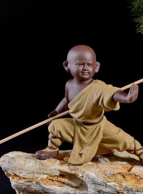 紫砂茶宠摆件功夫小子茶具配件精品可养陶瓷小和尚人物客厅书房