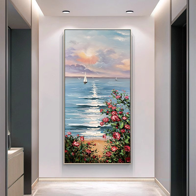 手绘油画进门入户玄关装饰画现代简约花卉客厅走廊挂画竖版风景画图片