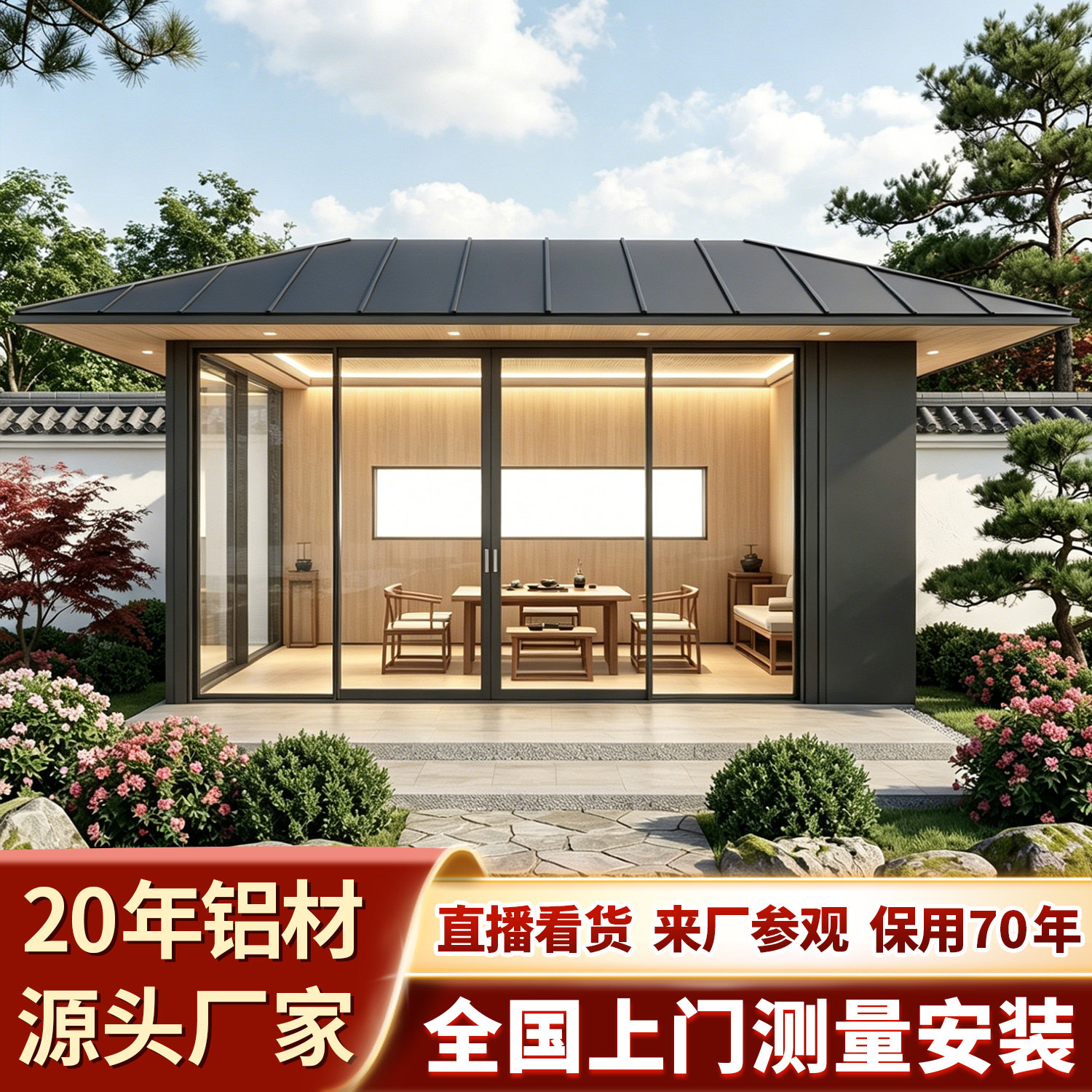 日式铝合金阳光房玻璃凉亭户外室外别墅花园庭院新中式茶室定制