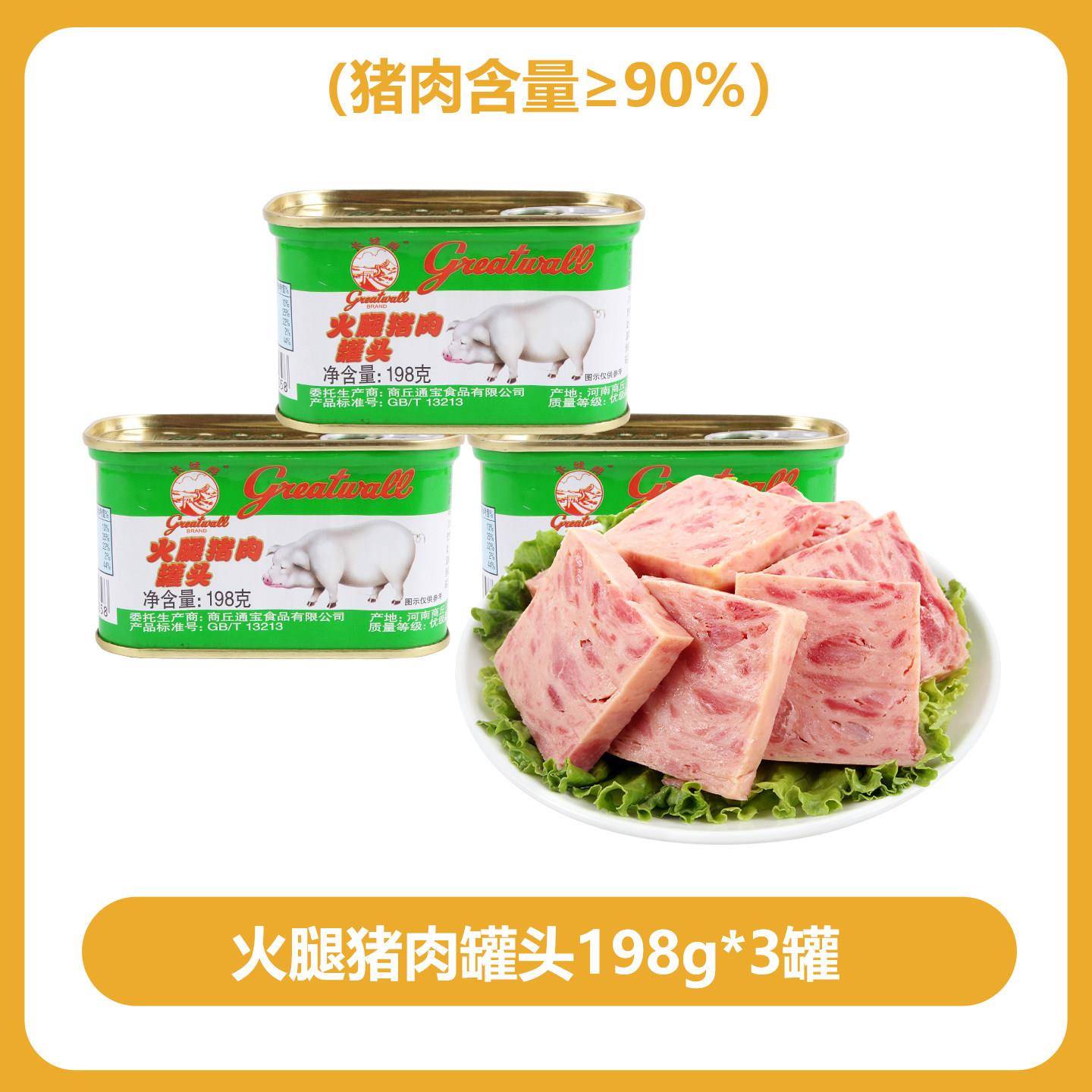 长城牌火腿猪肉罐头198g高猪肉含量 即食午餐肉户外囤货速食品长