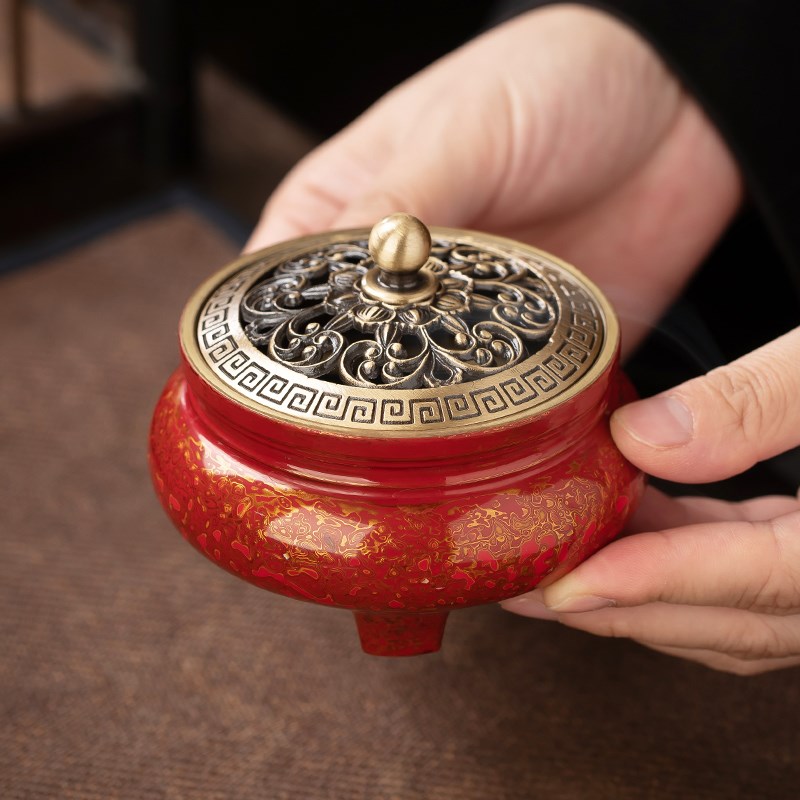 福州大漆铜胎香炉漆器茶道熏香室内焚香檀香薰R盘托纯铜摆件送礼